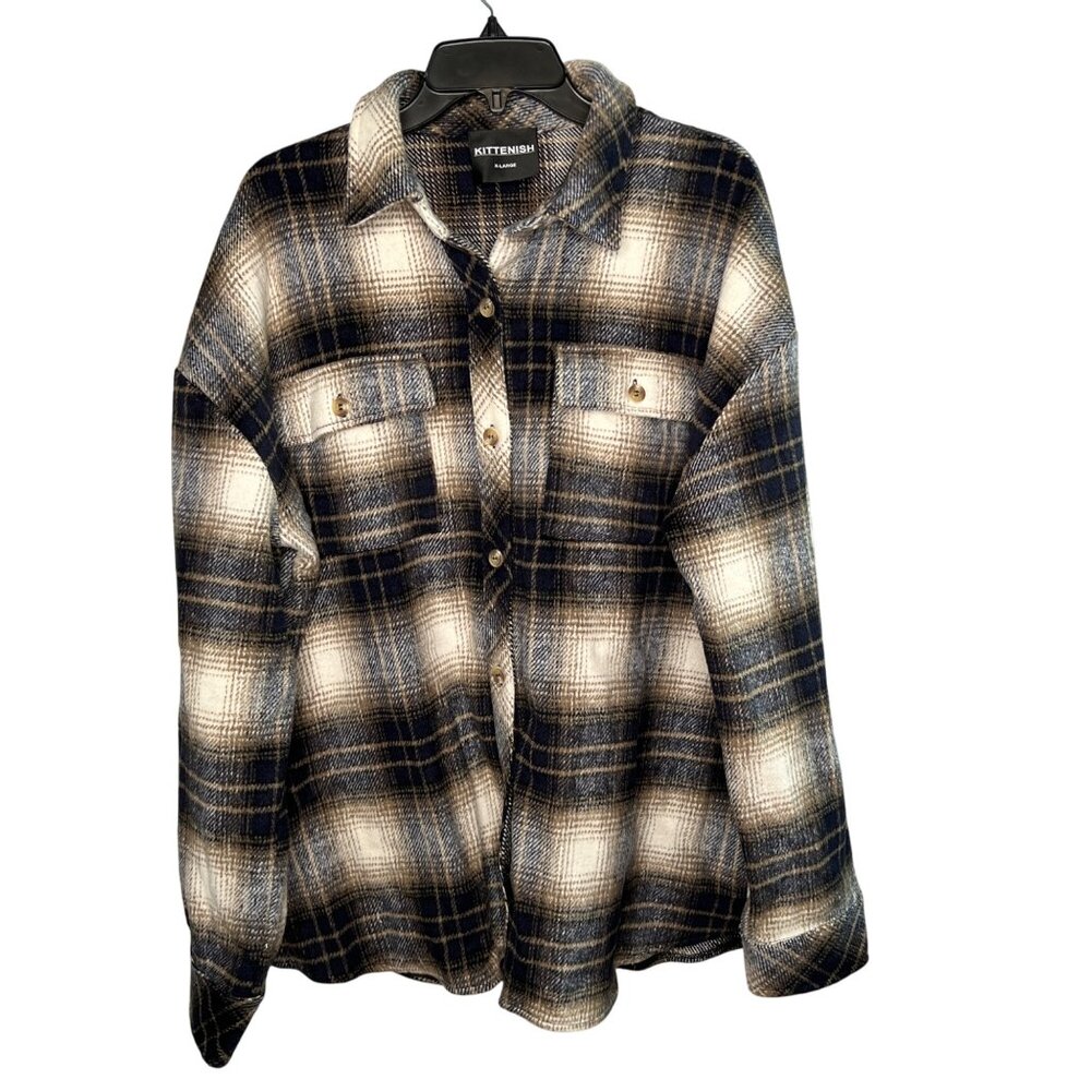 Kittenish Women's Oversized Button-Up Shacket Shirt X-Large Navy & Beige